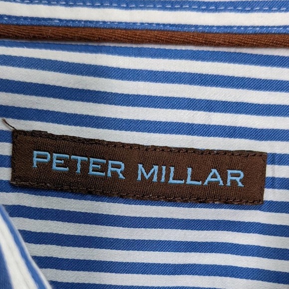 Peter Millar Mens Large Cotton Blue White Striped Button Dress Shirt Long Sleeve - Picture 4 of 5